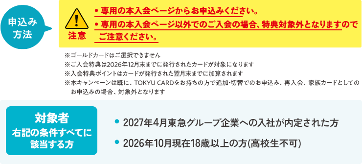 申込み方法・専用のWebページからお申込みください。・専用Webページ以外でのご入会の場合、特典対象外となりますのでご注意ください。・ゴールドカードはご選択できません。ご希望のご入社後に切替手続きをお願いいたします。ご入会特典は2026年12月末発行分までが対象となります。・ご入会特典はカード発行月の翌月末頃にポイントが加算されます。対象者右記の条件すべてに該当する方 ・2027年4月東急グループ企業への入社が内定された方・2026年10月現在18歳以上の方(高校生不可)