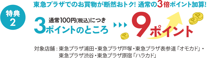特典2 東急プラザでのお買物が断然おトク!通常の3倍ポイントが貯まる! 通常100(税込)につき3ポイントのところ9ポイント 対象店舗:東急プラザ浦田・東急プラザ戸塚・東急プラザ表参道「オモカラ」・東急プラザ渋谷・東急プラザ原宿「ハラカド」