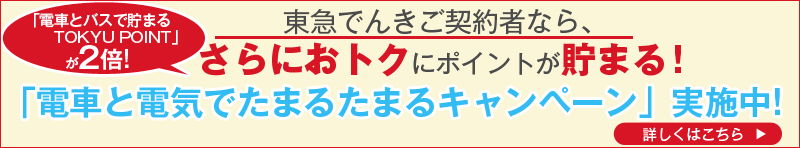 「電車とバスで貯まるTOKYU POINT」が2倍!東急でんきご契約者なら、さらにおトクにポイントが貯まる!「電車と電気でたまるたまるキャンペ―ン」実施中!詳しくはこちら
