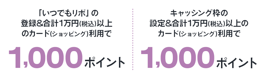 「いつでもリボ」の登録合計1万円以上(税込)以上のカード(ショッピング)利用で1,000ポイント キャッシング枠の設定合計1万円以上(税込)以上のカード(ショッピング)利用で1,000ポイント