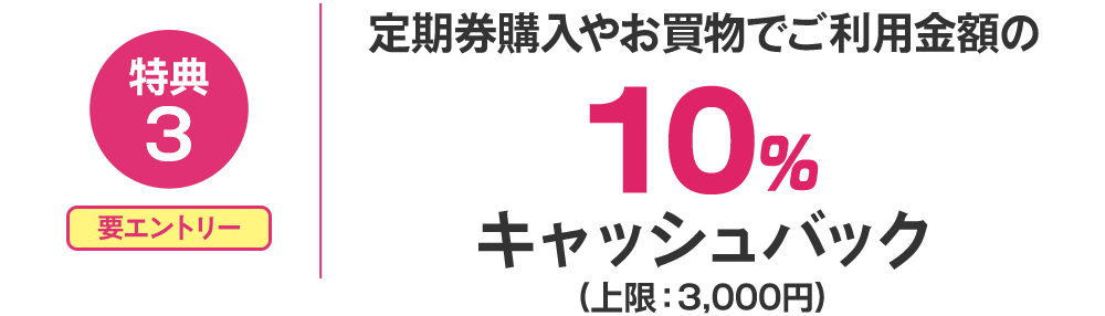特典3定期券購入やお買い物でご利用金額の10%キャッシュバック(上限3000円)