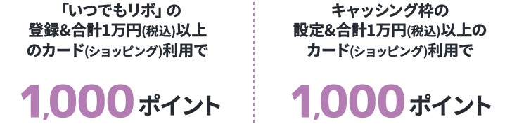 「いつでもリボ」の登録合計1万円以上(税込)以上のカード(ショッピング)利用で1,000ポイント キャッシング枠の設定合計1万円以上(税込)以上のカード(ショッピング)利用で1,000ポイント