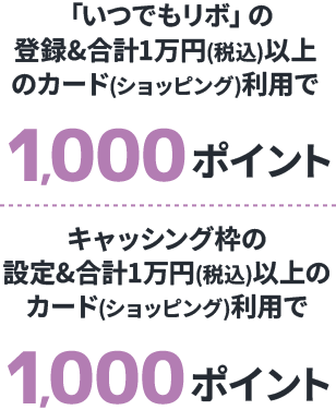 「いつでもリボ」の登録合計1万円以上(税込)以上のカード(ショッピング)利用で1,000ポイント キャッシング枠の設定合計1万円以上(税込)以上のカード(ショッピング)利用で1,000ポイント