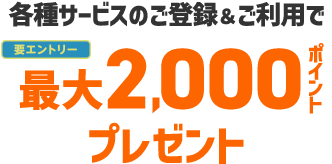 各種サービスのご登録とご利用で最大2000ポイントプレゼント