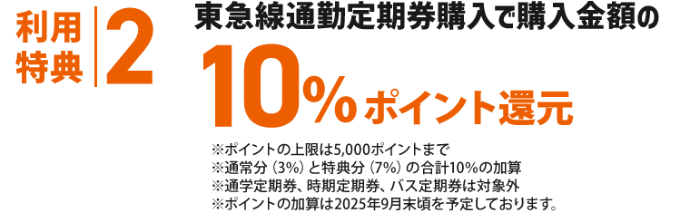 利用特典②要エントリー東急線通勤定期券購入で購入金額の10％ポイント還元！※ポイントの上限は5,000ポイントまで※通常分(3％)と特典分(7％)の合計10％の加算※通学定期券、時期定期券、バス定期券は対象外※ポイントの加算は2025年9月末頃を予定しております。