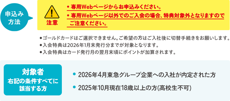 申込み方法・専用のWebページからお申込みください。・専用Webページ以外でのご入会の場合、特典対象外となりますのでご注意ください。・ゴールドカードはご選択できません。ご希望のご入社後に切替手続きをお願いいたします。ご入会特典は2026年1月末発行分までが対象となります。・ご入会特典はカード発行月の翌月末頃にポイントが加算されます。対象者右記の条件すべてに該当する方 ・2026年4月東急グループ企業への入社が内定された方・2025年10月現在18歳以上の方(高校生不可)