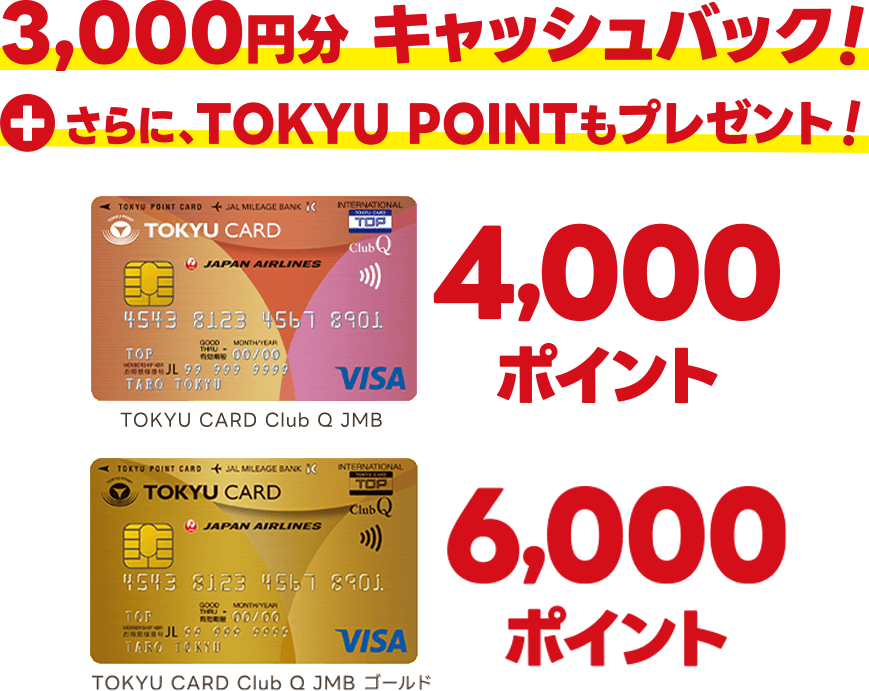 3,000円分 キャッシュバック！さらに、TOKYU POINTもプレゼント！TOKYU CARD ClubQ JMB 4,000ポイント TOKYU CARD ClubQ JMB ゴールド 6,000ポイント