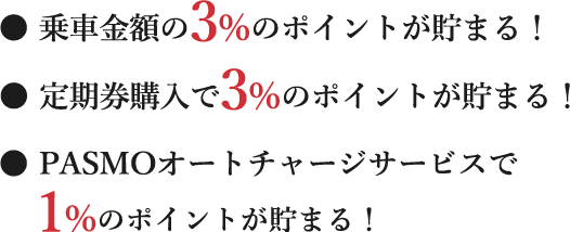 ・乗車金額の3％ポイントが貯まる・定期券購入で3％のポイントが貯まる・PASMOオートチャージサービスで１％のポイントが貯まる！