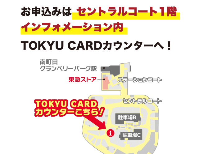 お申込みはセントラルコート1階インフォメーション内TOKYU CARDカウンターへ