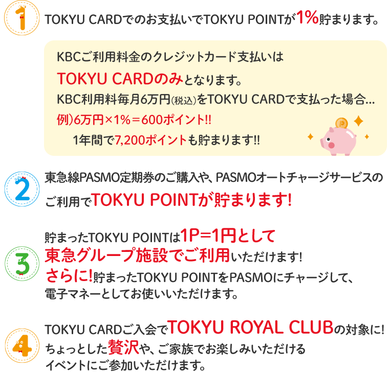 1 TOKYU CARDでのお支払いでTOKYU POINTが1％貯まります。KBCご利用料金のクレジットカード支払いはTOKYU CARDのみとなります。KBC利用料毎月6万円(税込)をTOKYU CARDで支払った場合1年間で7200ポイントも貯まります！　2 東急線PASMO定期券のご購入や、PASMOオートチャージサービスのご利用でTOKYU POINTが貯まります　3 貯まったTOKYU POINTは1P=1円として東急グループ施設でご利用いただけます!さらに!貯まったTOKYU POINTをPASMOにチャージして、電子マネーとしてお使いいただけます。4 TOKYU CARDご入会でTOKYU ROYAL CLUBの対象に！ちょっとした贅沢や、ご家族でお楽しみいただけるイベントにご参加いただけます。