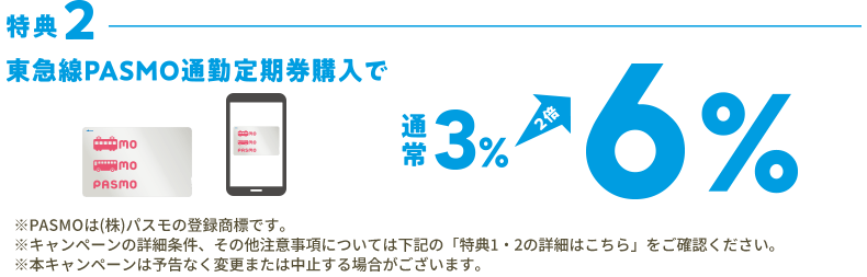 特典2東急線PASMO通勤定期購入で通常3% 2倍 6% ※PASMOは(株)パスモの登録商標です。※キャンペーンの詳細条件、その他注意事項については下記の「特典1・2の詳細はこちら」をご確認ください。※本キャンペーンは予告なく変更または中止する場合がございます。