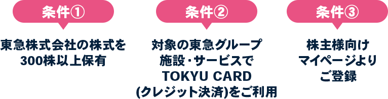 条件①東急株式会社の株式を300株以上保有 条件②対象の東急グループ施設・サービスでTOKYU CARD(クレジット決済)をご利用 条件③株主様向けマイページよりご登録