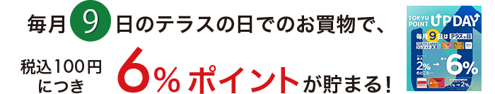 毎月9日のテラスの日でのお買物で、税込100円につき6％ポイントが貯まる！