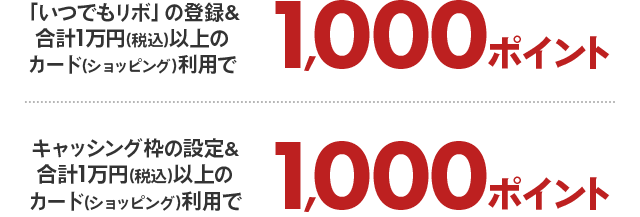「いつでもリボ」の登録&合計1万円(税込)以上のカード(ショッピング)利用で1,000ポイント キャッシング枠の設定&合計1万円(税込)以上のカード(ショッピング)利用で1,000ポイント