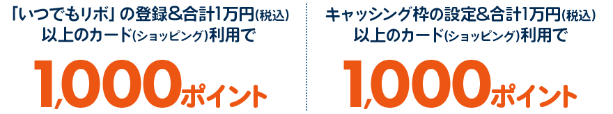 「いつでもリボ」の登録&合計1万円(税込)以上のカード(ショッピング)利用で1,000ポイント キャッシング枠の設定&合計1万円(税込)以上のカード(ショッピング)利用で1,000ポイント