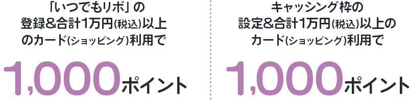 「いつでもリボ」の登録合計1万円以上(税込)以上のカード(ショッピング)利用で1,000ポイント キャッシング枠の設定合計1万円以上(税込)以上のカード(ショッピング)利用で1,000ポイント