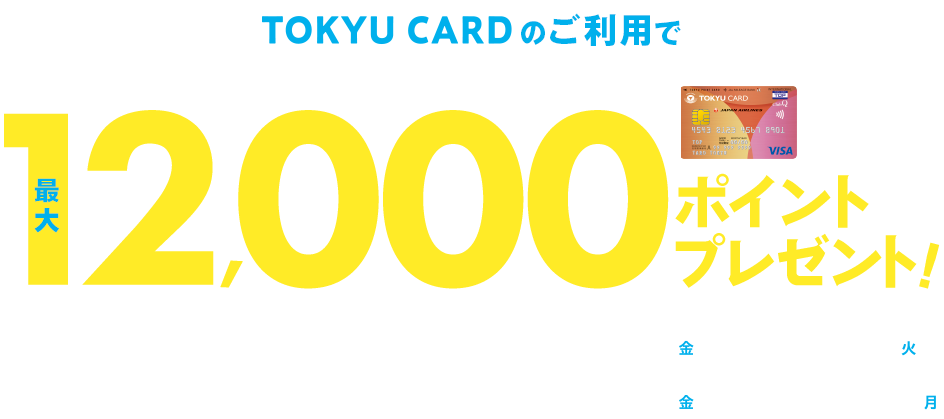 TOKYU CARDのご入会で最大12,000ポイントプレゼント! 新規入会期間:2025年8月1日(金)～9月30日(火) カード利用・定期券購入・エントリー期間:2025年8月1日(金)～12月15日(月)