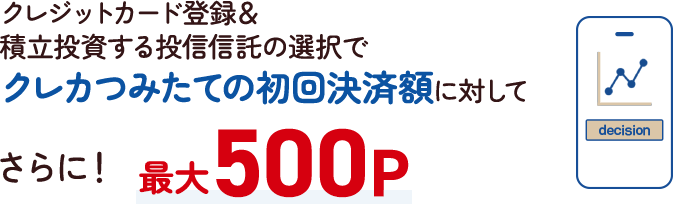 クレジットカード登録＆積立投資する投資信託の選択で　クレカつみたての初回決済額に対して　さらに最大500ポイントプレゼント!!