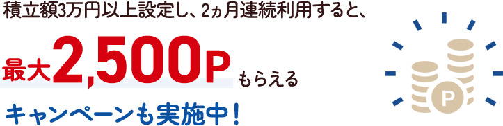 積立額3万円以上設定し、2ヵ月連続利用すると、最大2500Pもらえるキャンペーンも実施中！