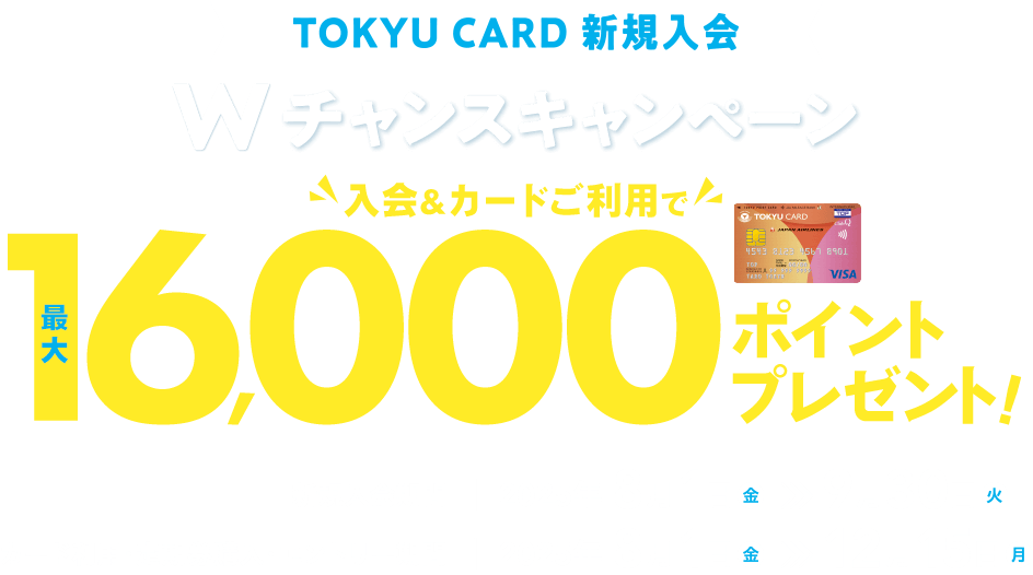 TOKYU CARD 新規入会 Wチャンスキャンペーン 入会&カード利用で最大16,000ポイントプレゼント! 新規入会期間:2025年8月1日(金)～9月30日(火) カード利用・定期券購入・エントリー期間:2025年8月1日(金)～12月15日(月)