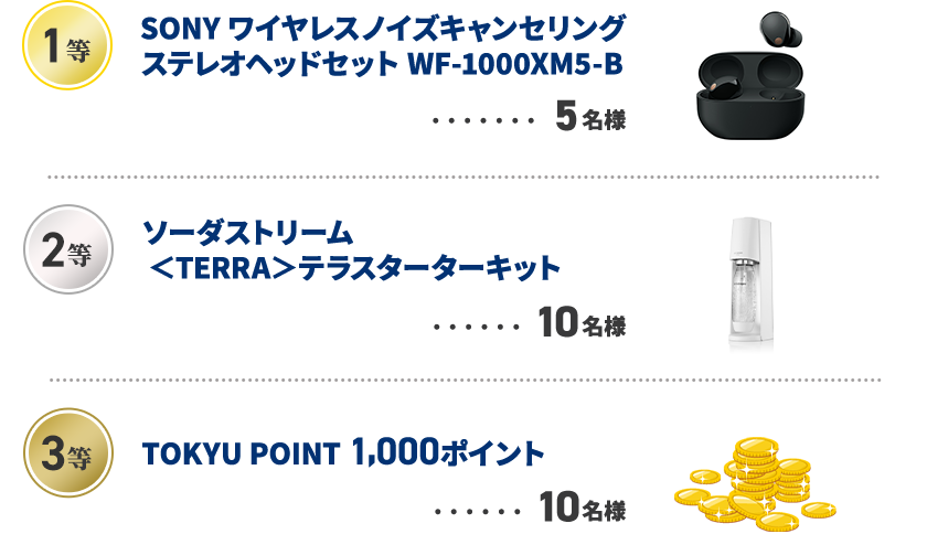 1等SONY ワイヤレスノイズキャンセリングステレオヘッドセットWF-1000XM5-B5名様2等ソーダストリーム ＜TERRA＞テラスターターキット10名様3等TOKYU POINT 1,000ポイント10名様
