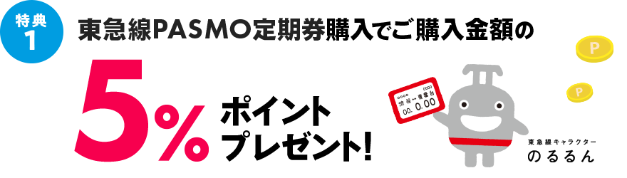東急線PASMO定期券券購入でご購入金額の5％ポイントプレゼント