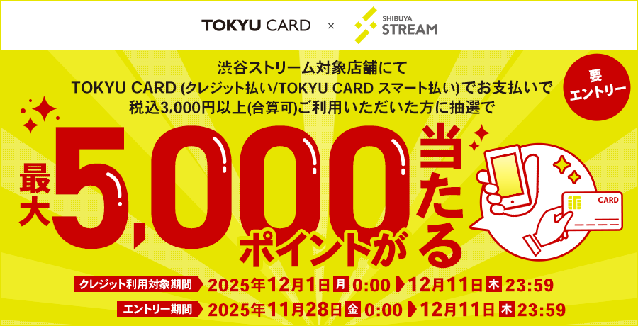 渋谷ストリーム対象店舗にてTOKYU CARD(クレジット払い/TOKYU CARD スマート払い)でお支払いで税込3,000円以上(合算可)ご利用いただいた方に抽選で最大5,000ポイントが当たる クレジット利用対象期間:2025年12月1日(月)0:00~12月11日(木)23:59 エントリー期間:2025年11月28日(金)0:00~12月11日(木)23:59s 要エントリー