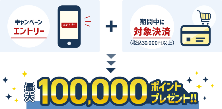 キャンペーンへエントリー+期間中に対象決済(税込3万円以上)抽選で最大100,000ポイントプレゼント!