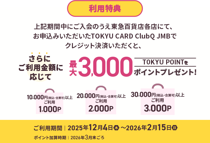 利用特典 上記期間中にご入会のうえ東急百貨店各店にて、お申込みいただいたTOKYU CARD ClubQ JMBでクレジット決済いただくと、さらにご利用金額に応じてTOKYU POINT最大3,000ポイントプレゼント!