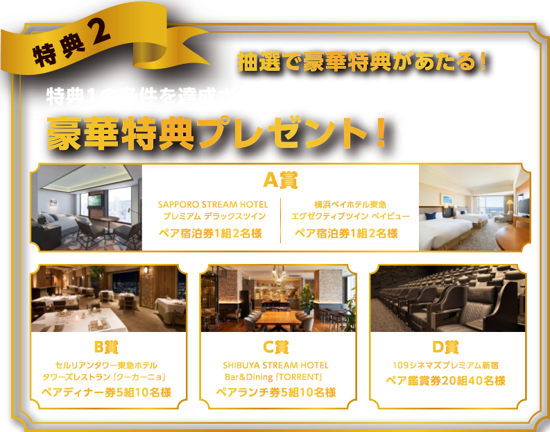 特典2抽選で豪華特典があたる！特典1の条件を達成された方の中から抽選で豪華特典プレゼント！※エントリー時にご希望の特典を選択してくださいＡ賞SAPPOROSTREAMHOTELプレミアムデラックスツインペア宿泊券1組2名様横浜ベイホテル東急エグゼクティブツインベイビューペア宿泊券1組2名様B賞セルリアンタワー東急ホテルタワーズレストランペアディナー券5組10名様C賞SHIBUYASTREAMHOTELBar＆Dining[TORRENT]ペアランチ券5組10名様D賞109シネマズプレミアム新宿ペア鑑賞券20組40名様