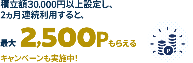 積立額30,000円以上設定し、2ヵ月連続利用すると、最大2,500ポイントもらえるキャンペーンも実施中！