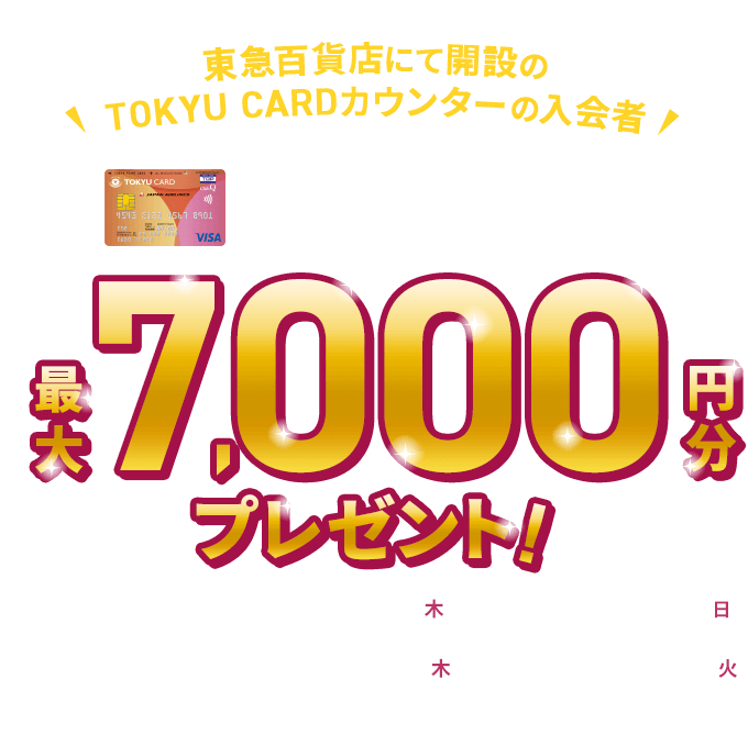 東急百貨店にて開設のTOKYU CARDカウンターの入会者限定 TOKYU CARD ClubQ JMB 新規入会キャンペーン 最大6,000円分プレゼント!新規入会期間：2025年12月4日(木)～2026年1月31日(土)カード利用期間：2025年12月4日(木)～2026年2月15日(日)