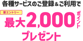 各種サービスのご登録とご利用で最大2000ポイントプレゼント