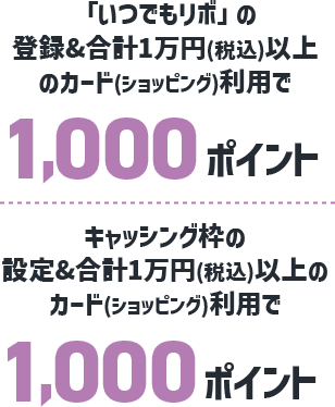 「いつでもリボ」の登録合計1万円以上(税込)以上のカード(ショッピング)利用で1,000ポイント キャッシング枠の設定合計1万円以上(税込)以上のカード(ショッピング)利用で1,000ポイント