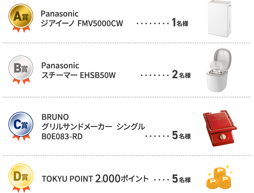A賞　Panasonicジアイーノ FMV5000CW 1名様 B賞　Panasonicスチーマー EHSB50W 2名様 C賞　BRUNOグリルサンドメーカー  シングルB0E083-RD 5名様 D賞　TOKYU POINT 2,000P 5名様