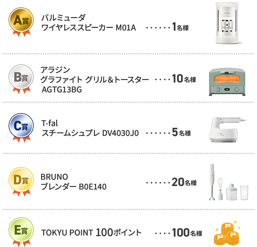 A賞 バルミューダ ワイヤレススピーカー M01A 1名様 B賞  アラジン グラファイト　グリル＆トースター AGTG13BG 10名様 C賞  T-fal スチームシュプレ DV4030J0 5名様 D賞  BRUNO ブレンダー B0E140 20名様 E賞  TOKYU POINT 100P 100名様