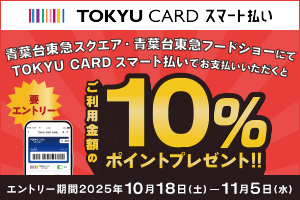 TOKYU CARD スマート払い　青葉台東急スクエア・青葉台東急フードショーにてTOKYU CARD スマート払いでお支払いいただくとご利用金額の10%ポイントプレゼント！！要エントリー エントリー期間:10月18日(土)～11月5日(水)
